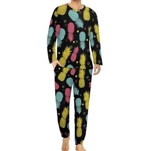 Zomer Kleurrijke Tropische Ananas Comfortabele Heren Pyjama Set Ronde Hals Lange Mouw Loungewear met Zakken 5XL
