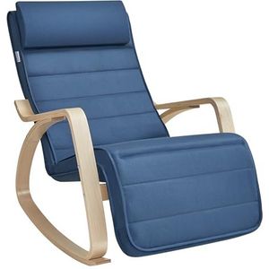 SONGMICS Schommelstoel met armleuningen van berkenhout, 5-voudig verstelbare voetensteun, tot 150 kg belastbaar, voor slaapkamer, woonkamer, middernachtblauw-naturel, LYY010Q01