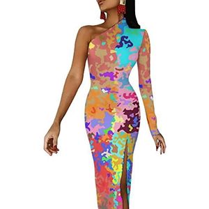 Abstracte kleurrijke camouflage vrouwen halve mouw jurk avondfeest lange jurken cocktail split bodycon jurk L