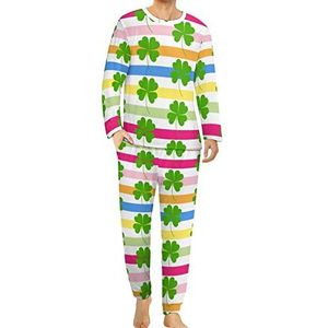 Shamrock Clover Strepen Comfortabele Heren Pyjama Set Ronde Hals Lange Mouw Loungewear met Zakken M