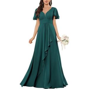 HPPEE Flutter Mouw V-hals Chiffon Bruidsmeisjesjurken voor Vrouwen Ruches A-lijn Maid of Honor Formele Avondjurk, Turkoois, 50 grote maten
