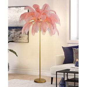 MiaJJooLi Veer vloerlamp, struisvogelveren staande lamp voor woonkamer, 1,6 m hoog, goudkleurige staande lamp, veer, 3 kleuren dimbaar voor tienermeisjes slaapkamer met G4-lamp