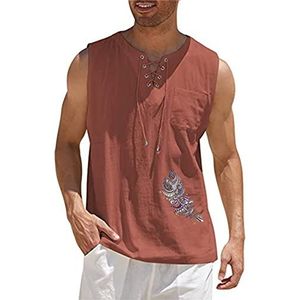 Mannen Katoen Linnen Shirt Lace Up Tank Top Mouwloos Tee Shirt Veer Gedrukt Vest Casual Yoga Strand Tops, # 7, XXL