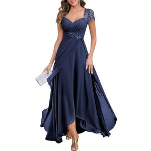 KIYNE Damesjurk met kapmouwen en V-hals, chiffon, moeder van de bruid, lange geplooide ruches formele avondjurk, Donkerblauw, 32