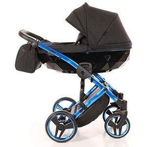 Originele Junama Diamond Individuele Kinderwagen Kinderwagen Reissysteem 2in1 3in1 4in1 + Slaapzak + Muffs + Paraplu + Originele Accessoires Exclusieve Kinderwagens (4in1 met ISOFIX Base, Zwart-Blauw 02)