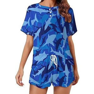 Blauwe Camo Shark Mode 2 Stuks Dames Pyjama Sets Korte Mouw Nachtkleding Zachte Loungewear Stijl-21