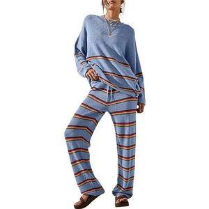 KREZMHLD Dames tweedelige mariner gestreepte lounge set ronde hals lange mouw trui losse broek pak herfst winter casual gebreide sets (blauw, XL)