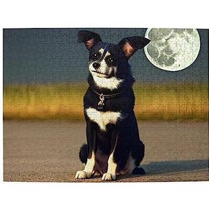 Hond onder maan houten legpuzzel 500 stuks voor kinderen volwassen puzzel 20,4 inch x 15 inch (ca. 52 cm x 38 cm)