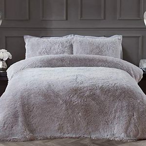 Sleepdown Fleece luxe langpolige imitatiebont zilver super zacht, gemakkelijk te onderhouden dekbedovertrek dekbedovertrek dekbedovertrek set met kussenslopen, polyester - tweepersoons (200 cm x 200