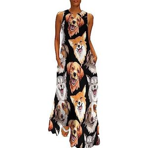 Exotische hond wild dier patroon vrouwen enkellengte jurk slanke pasvorm mouwloze maxi jurken casual zonnejurk 3XL