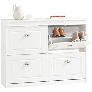 SoBuy Schoenenkast met 4 Kleppen, Schoenenrek, Schoenenkipper met 8 Planken, Schoenenmeubel,Entree Meubel, Wit, 105x83x24 cm, FSR79-W