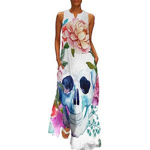 Skull And Flowers Day of the Dead dames enkellange jurk slanke pasvorm mouwloze maxi-jurken casual zonnejurk 4XL