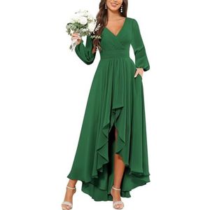 KURFACE Bruidsmeisjesjurken met lange mouwen voor vrouwen met zakken geplooide chiffon formele avondjurk feestjurk, Emerald Groen, 32