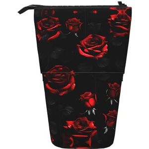 Nbtghga Rode en Zwarte Rozen Print Potlood Telescopische Klassieke Kunsten Stand Up Etui Organizer Potlood Houder Make-up Tas Gift, Zwart, Eén maat