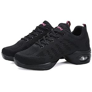 H/A Jazz danssneakers voor dames - Netstof ballroom outdoortrainers met veters en gespleten zool, lichtgewicht ademend platform damesschoen, Zwart 002, 40.5 EU