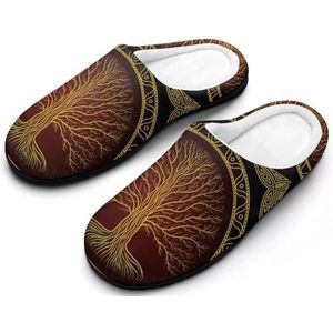 Home Casual Memory Foam Warme Pantoffels voor Heren, Comfortabele en Harige Instappers vvan Katoen, Gesloten Vinger Platte Schoenen(Tree of Life,7-8(40-41))