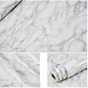 Stickers voor aanrechtbladen in de keuken, PVC glanzend wit marmerbehang zelfklevend bureaubladmeubilair(Grey White Stone,40cm x 10m)