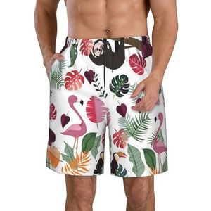 JIAWUJYNB Luiaard in roze tropische bladprint heren strandshorts - lichtgewicht, sneldrogende zwembroek met trekkoord en zakken, Wit, L