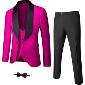 Heren 3-delige luxe smoking set jacquard slim fit sjaal revers jas vest en broek premium smoking voor mannen, Fuchsia, XL