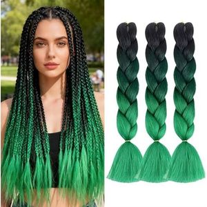 ShowJarlly Kunsthaar, Ombre Jumbo Braid Haarverlängerung 24"", Box Braid zum Einflechten Schwarz/Schwarzgrün/Dunkelgrün#
