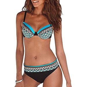 JFAN Vintage Dames Badpak Tweedelig Elegant Afslankend Push Up Bikini Tribal Print Bikiniset,Blauw,S