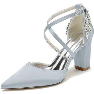 HFWXYSA Dames Hoge Blokhak Bruidsschoenen Satijnen Kruis Enkelbandje Strass Pompen Puntige Teen Parels Bruiloft Feest Hofschoenen,Zilver,35 EU