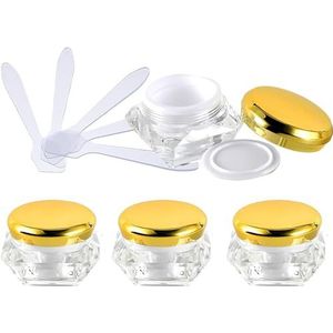 Cosmetische potten, 4 stuks, lege 10 ml transparant acryl diamantvorm cosmetische container gezichtscrème lotion potten pot met roze deksels + 4 x lepel