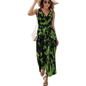 Groene vliegende bladeren bladeren dames lange jurk mouwloze maxi-jurk zonnejurk strand feestjurken avondjurken XL