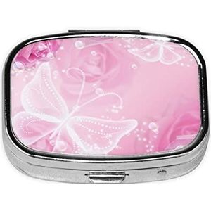 Roze en Witte Vlinder Gedrukt Pillendoos 2 Compartiment Geneeskunde Pil Organizer Draagbare Kleine Pil Case voor Pocket Of Portemonnee Pillendoos