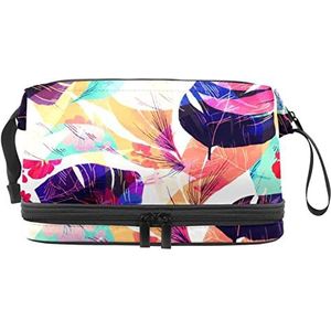 Grote capaciteit reizen cosmetische tas,Tropisch paars blad,Make-up tas,Waterdichte make-up tas organisator, Meerkleurig, 27x15x14 cm/10.6x5.9x5.5 in