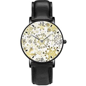 Mooie Kerst Gouden Sneeuwvlokken Print Klassieke Patroon Horloges Persoonlijkheid Business Casual Horloges Mannen Vrouwen Quartz Analoge Horloges, Zwart