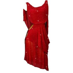 Yhwacyznm Professionele Latijns Amerikaanse danswedstrijdjurken Sambakostuum Mouwloze ballroom salsadansrok voor dames Cha Cha glanzende strass danskleding,Rood,L