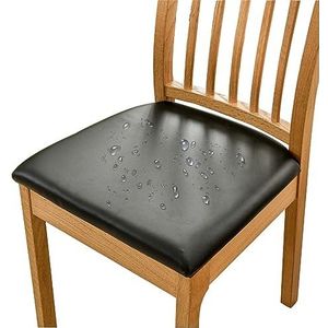 Stretch Dining Chair Covers, stoel bedekking, hoes stoelkussen, Waterproof PU Leather Dining Chair Covers, Removable Chair Seat Cover, Chair Protector (4 Stukken,Zwart)