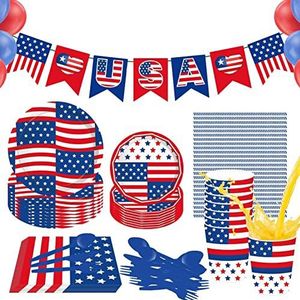 4th of July Party Supplies Set | 4th of July Patriotic Party Decorations for Memorial Day Veteran Day,Memorial Day Veterans Day Cutlery Set Include Table Cover, Plates, Cups, Bunting