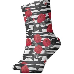 UVBDF Strepen Rode Roos Bloemen Ademend Comfort Sokken, Vochtafvoerende Zachte Sokken voor Dagelijks Dragen En Gym