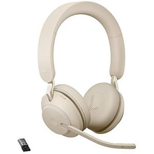 Jabra Evolve2 65 Draadloze Headset – UC-gecertificeerde Stereokoptelefoon met Noise Cancelling en Lange Batterijduur – USB-A Bluetooth Adapter – Beige