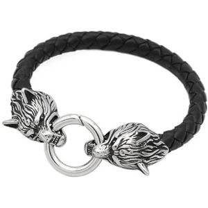 Mannen Viking Wolf Fenrir Lederen Armband - RVS Odin Wolf Heads Gevlochten Touw Manchet Polsband - Unisex Norse Pagan Animal Amulet Bangle Bangle Sieraden (Color : Silver_23CM)