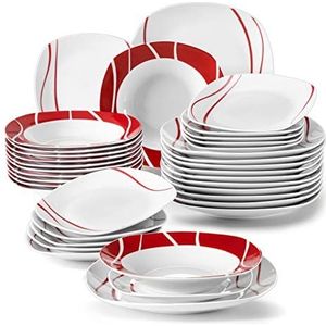 MALACASA, Serie Felisa, 36-delige dinersets rode strepen ivoorwit porselein dinerserviceset met 12-delige dessertborden, 12-delige soepborden en 12-delige dinerborden