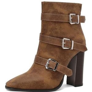 EICOFF Dames Enkellaarsjes met vierkante neus, zijrits, hoge blokhakken, waterdicht leer, motorlaarzen, casual dagelijkse modieuze damesschoenen,Bruin,35 EU