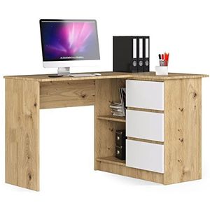 AKORD Hoekbureau | tafel met geïntegreerde en modulaire opbergkast met 3 laden en 2 legplanken | L 124 x H 77 x D 85 cm | kantoorbenodigdheden | ambachtelijk eiken en witte voorkant