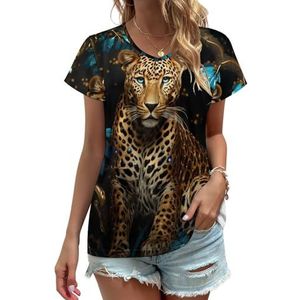 Golden Leopard Dames V-hals T-shirts Leuke Grafische Korte Mouw Casual Tee Tops 3XL