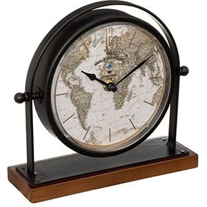 Atmosphera Tafelklok Earth Map - zwart - H21 cm - Dia klok 16 cm - glas/metaal/mdf - op standaard