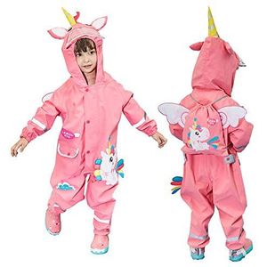 JinBei Kinder Regenjassen Meisjes Regenkleding Plaspakken met Capuchon Leuke Regenpakken met 3D-Patroon Eenstuk Ademende Transparante Hoed Reflecterende Strepen, Roze Eenhoorn 2-4 Jaar