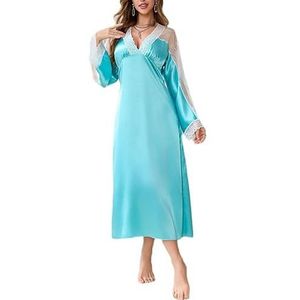 MLSHWUG Dames Lange Mouwen V-Hals Opengewerkte Kanten Lange Satijnen Slaapkleding Modieuze Geplooide Nachtjurk,Groen,L