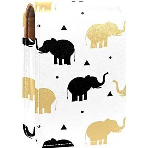 Draagbare Lipstick Case voor op reis, Mini Lipstick Opbergdoos met spiegel voor vrouwen dames, Lederen cosmetische etui Zwart goud Olifanten spelen, Meerkleurig, 9.5x2x7 cm/3.7x0.8x2.7 in