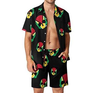 Guyana vlag schedel mannen Hawaiiaanse bijpassende set 2-delige outfits button down shirts en shorts voor strandvakantie