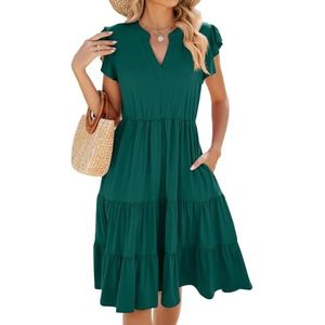 Zomerse, zwierige maxi-jurk for dames, casual strandjurk met kapmouwtjes en V-hals(Dark green,XXL)