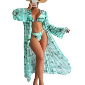 Badmode dames split 3-delig bedrukt bikini badpak met lange mouwen, Groen, XL