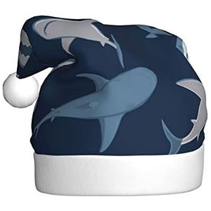 LAMAME Blauwe Cartoon haai gedrukte kerst hoed kerstversiering hoed neutrale kerstman hoed