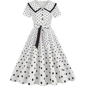 FAIRY BOUTIQUE Dames Peter Pan Kraag Polka Dot Print Swing Jurk Dames Ruche Ruche Zoom Riem Zomer Jurk, Zwarte Polka Stip, S